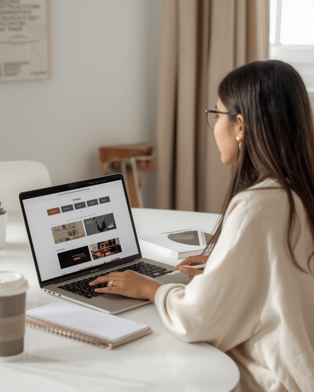 Woman building a professional blog from home office with laptop and organized workspace.