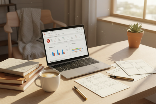 A neutral workspace with Pinterest analytics on a laptop beside journals, coffee, and planning pages in warm sunlight.