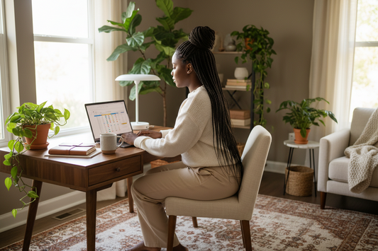 Woman working from home on a laptop in a warm neutral office setup.