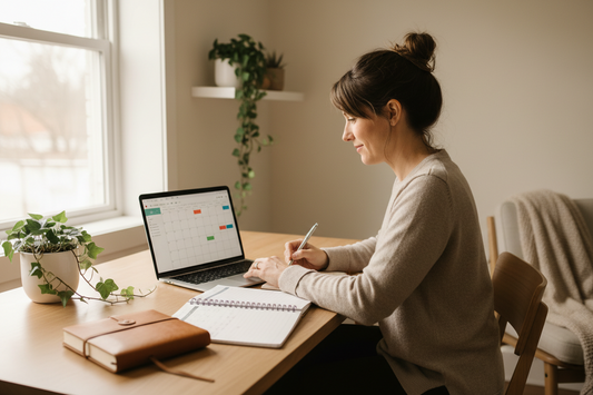 Woman planning marketing content and customer growth strategies at a desk.