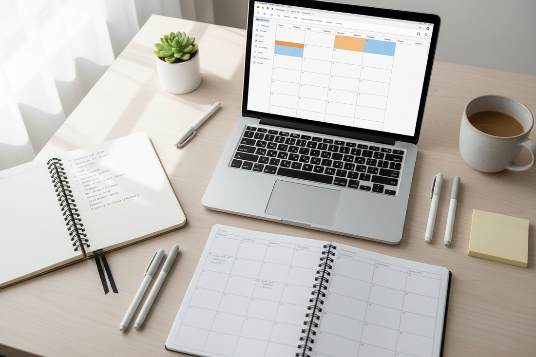 Content planning desk with scheduling tools, laptop, notebooks, and neutral office styling.