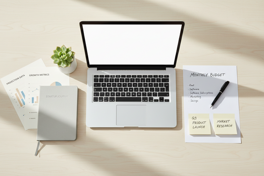 Small business funding and financial planning workspace with neutral office styling.