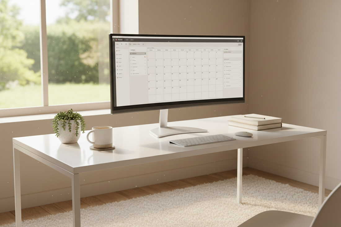 Minimal office setup with digital planner on a computer beside soft neutral decor.