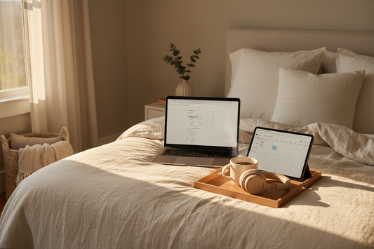 Passive income workspace setup with digital products, planning tools, and coffee in a calm neutral room.