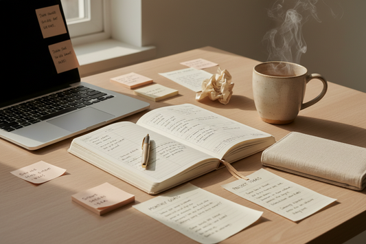 Neutral desk setup with laptop, journal, coffee, and side hustle planning materials.