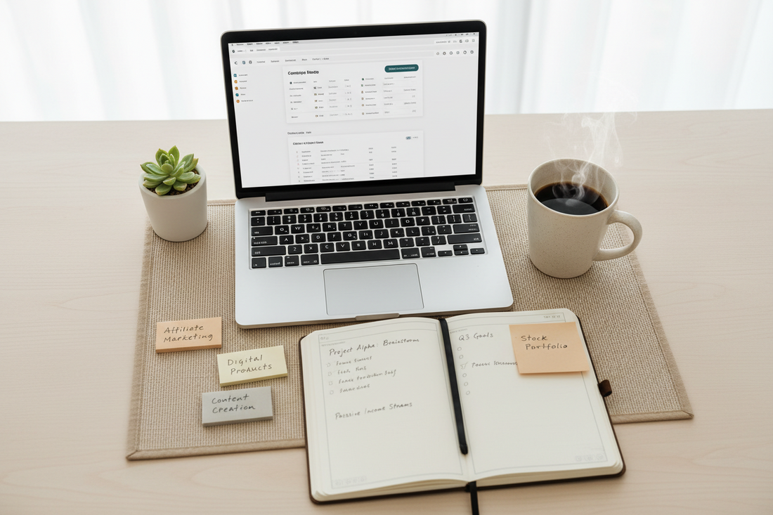 Woman working from home building passive income through digital products and online business systems.