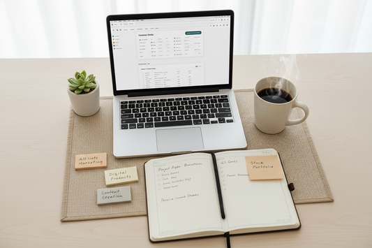 Woman working from home building passive income through digital products and online business systems.