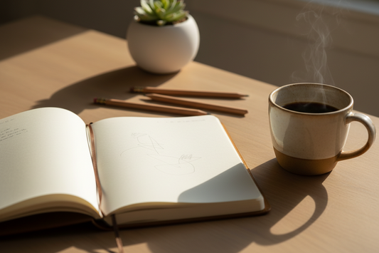Neutral planning desk with open journal, coffee mug, pencils, and warm sunlight.