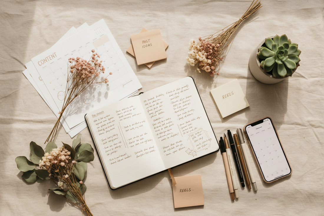 Neutral styled social media planning setup with flowers, journals, and content tools.