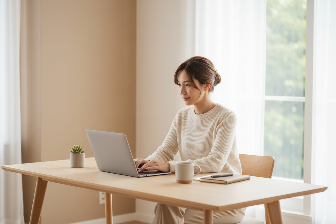 Professional woman working calmly at a clean desk with soft neutral office decor.