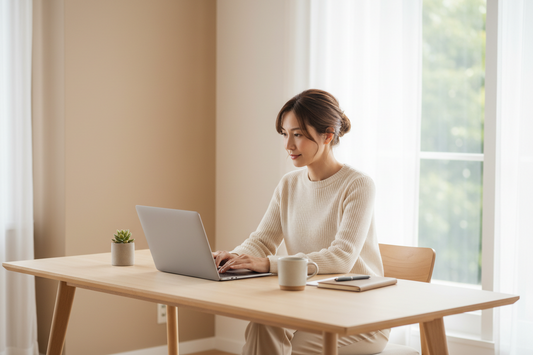Professional woman working calmly at a clean desk with soft neutral office decor.