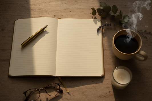 Soft neutral journal pages with coffee, calm lighting, and wellness stationery.