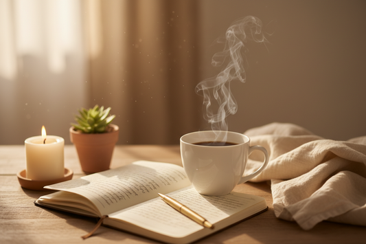 Warm neutral morning setup with coffee, journal, soft sunlight, and cozy wellness decor.