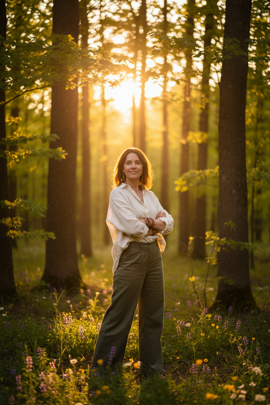 Confident woman embracing personal growth and success mindset outdoors.