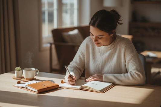 Woman using a journal and planner in a calm workspace with soft sunlight, building daily structure for personal growth and organization.