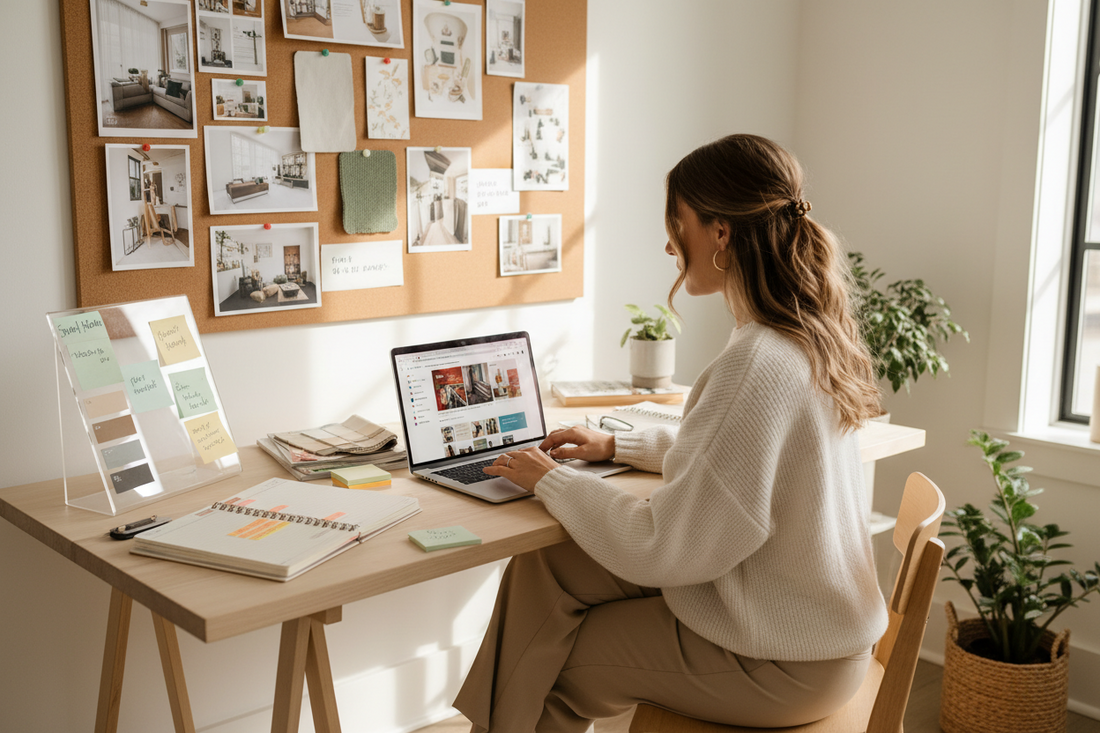 Woman using Pinterest and content planning tools to grow a digital audience online.