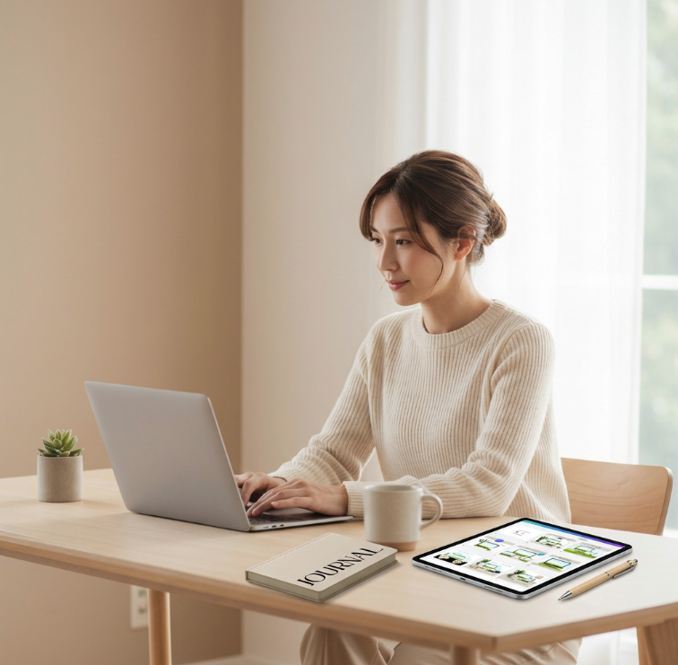 Woman journaling in minimalist neutral home workspace with coffee and guided journal